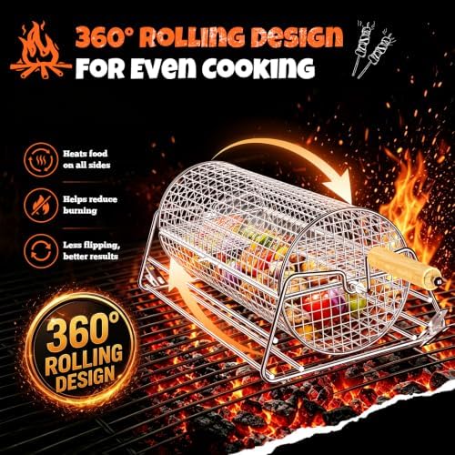 2-in-1 Rolling Grill Basket 304 Stainless Steel Rotatable with Dual Handles - Image 6