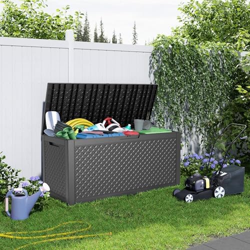 DRATO 110 Gallon Deck Boxes Outdoor Waterproof, Resin Large Lockable Storage Box with Lid, Outdoor Storage Bench Patio Cushions Furniture, Garden Tools, Pool Accessories (Black, 110 Gallon) - Image 3