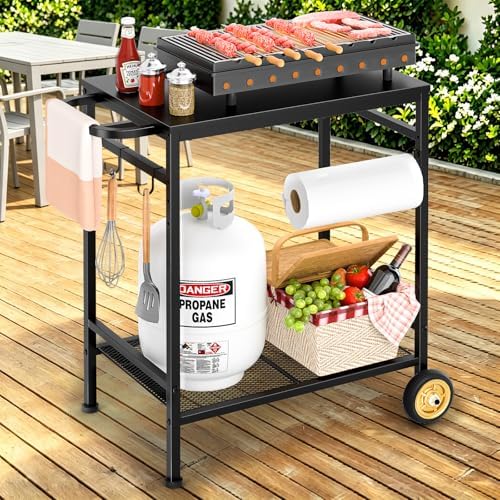 2-Tier Outdoor Grill Table with Wheels, Movable Cooking Food Prep Table for Outside BBQ Gathering, with 23.62" Lx 15.75" W Rust-resistant Tabletop, Griddle Stand for Patio & Backyard & Tools Room by DAOUTIME