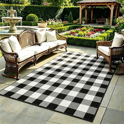 SEEKSEE Fall Decor Buffalo Plaid Rug 4' x 6' Black and White Large Front Door Mat, Layering Area Rug, Washable Cotton Rug for Outdoor Patio Entryway Indoor Living Room Kitchen Dining Room Decor - Image 3