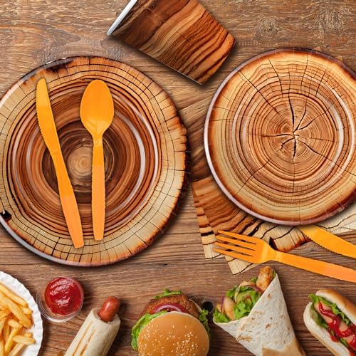 Wood Grain Slice Paper Plates And Napkins Party Supplies, Serves 24 - Image 6