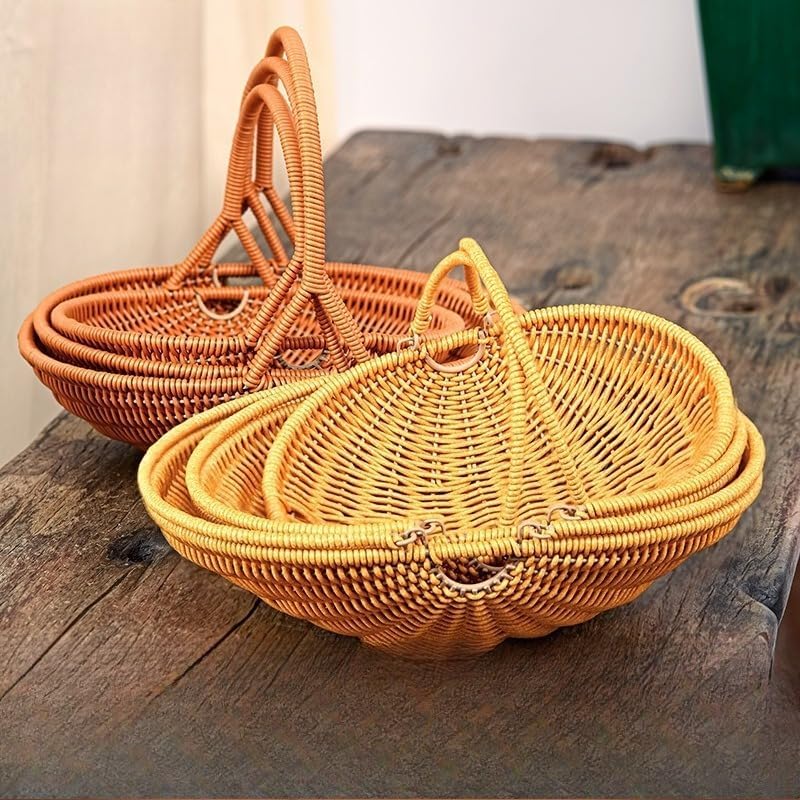 Plastic Imitation Rattan Woven Hand Basket Outdoor Picnic Picking Vegetables and Fruits Kitchen Living Room Egg Snack Basket (Brown1,29.5x24.5cm) - Image 2