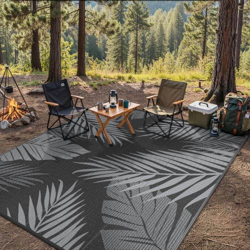 GENIMO Outdoor Rug, Waterproof Plastic Rugs for Patio, 9'x12' Black Grey - Image 6