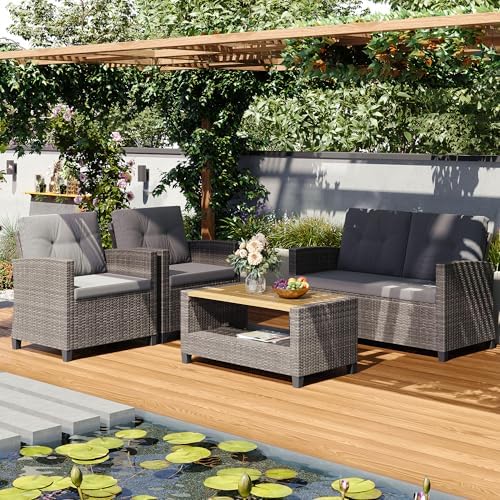 Wisteria Lane 4 Piece Patio Furniture Set, Wicker Outdoor Patio Conversation Furniture Set, All Weather Outdoor Patio Sofa with Cushion and Wood Table, Gray Wood by WisteriaLane
