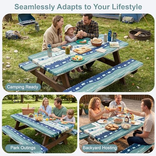 Picnic Table Cover with Bench Covers - Waterproof Fitted Tablecloth for 6 Ft Rectangle Tables, Windproof Elastic Edge Camping Essentials RV Accessories with Integrated Storage Bag - Image 4