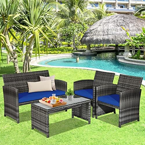 Goplus 4-Piece Rattan Patio Furniture Set, Outdoor Wicker Conversation Sofa with Weather Resistant Cushions and Tempered Glass Tabletop for Lawn Backyard Pool Garden (Blue) - Image 6