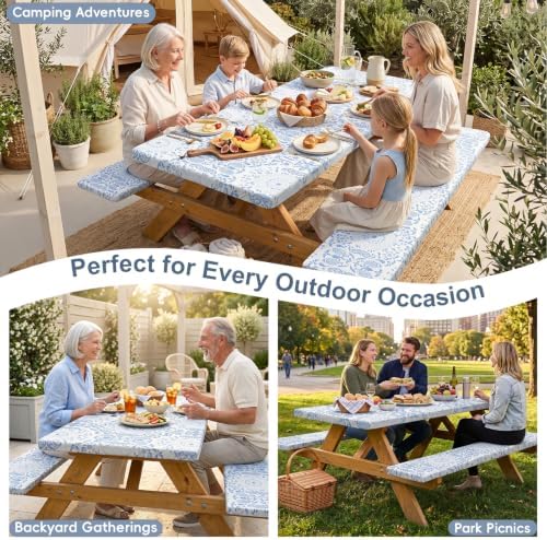 Picnic Table Cover with Bench Covers Portable Table Cloth Built-in Storage Pocket Picnic Table Covers With Elastic Waterproof Camping Essentials for RV Camping - Image 6