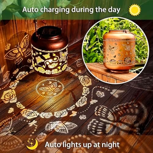 2 Pack Butterfly Outdoor Solar Hanging Lanterns Waterproof LED Solar Lights Metal Decorative Lanterns for Garden, Patio, Courtyard, Backyard, Yard Decor Unique Butterfly Gifts for Women Gardening - Image 5