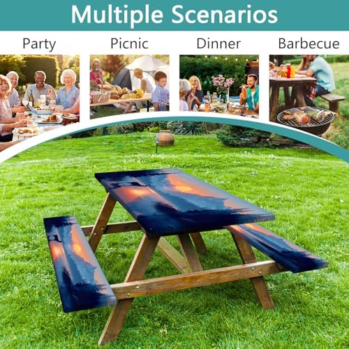 3 PCS Picnic Table Cover with Bench Covers & Storage Bag, Waterproof Fitted Camping Tablecloth with Elastic, 30x72 Inch, Sunset Mountain Lake Deer Forest Print, Indoor Outdoor Patio RV Party Table - Image 4