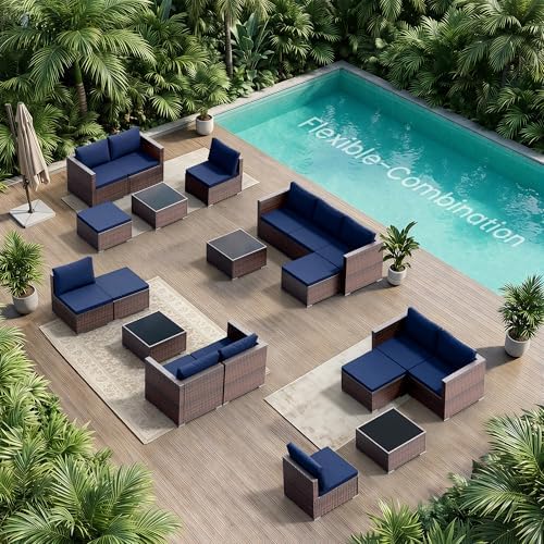 Patio Furniture Set - All-Weather -5 Piece Outdoor Patio Conversation Couch Sets, Modular Wicker Rattan Sectional Sofa for Garden, Patio, Poolside, Backyard, Balcony, Porch,Navy Blue - Image 5