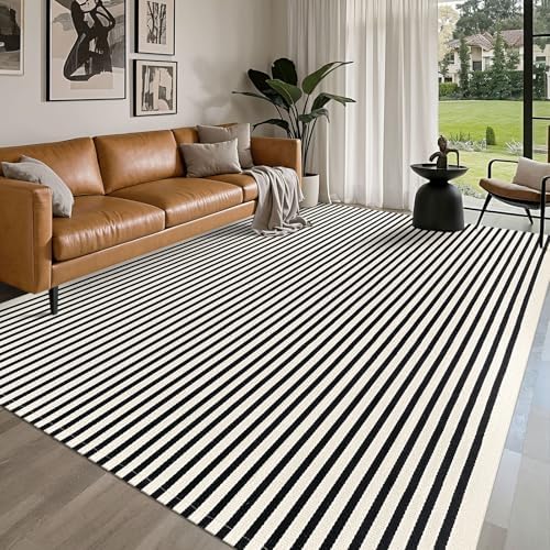 IOHOUZE 8x10 Striped Area Rug, Washable Indoor Outdoor, Black Beige by iOhouze