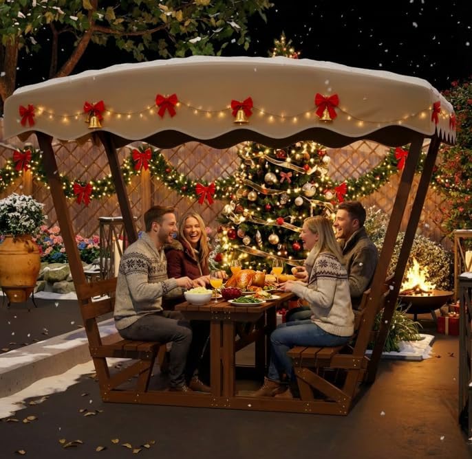 Outdoor Waterproof Solid Wood Picnic Table and Bench Set with Removable Canopy - Suitable for All-Weather patios, Gardens, Decks, Parks, Beaches - Image 3