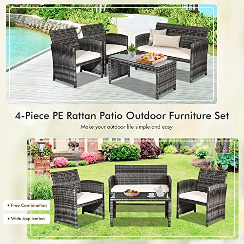 Goplus 4-Piece Rattan Patio Furniture Set, Outdoor Wicker Conversation Sofa with Weather Resistant Cushions and Tempered Glass Tabletop for Lawn Backyard Pool Garden (Beige) - Image 5