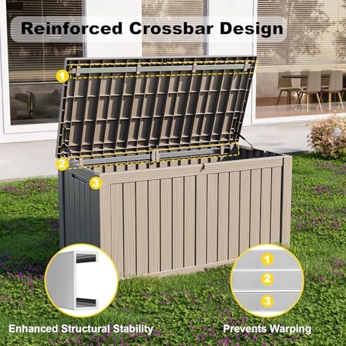ROJIK Outdoor Storage Housing Deck Box - Waterproof Patio Furniture, Garden Tools, Cushions, Pool Accessories Storage Bench with Lockable Lid and Side Handles (Grey, 180 Gal) - Image 4