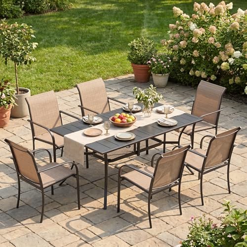 VICLLAX Patio Dining Set for 6, Outdoor Furniture Set Includes 59" Rectangle Patio Table and 6 Patio Sling Chairs, Outdoor Table and Chairs for Outsides, Black Tabletop and Brown Fabric by HOME