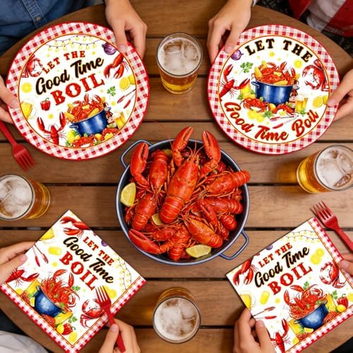 Gameza Seafood Boil Party Supplies - 96PCS Seafood Boil Party Plates and Napkins Forks Tableware Disposable Set, Crawfish Crab Shrimp Summer Birthday Decor Supplies, Serve 24 - Image 4