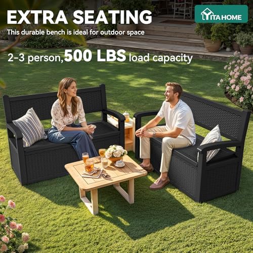 YITAHOME 80 Gallon Storage Bench Deck Box, Lockable Patio Bench with Hidden Storage, Waterproof Outdoor Pool Deck Storage for Patio Cushions, Garden Tools and Pool Supplies, Black - Image 6