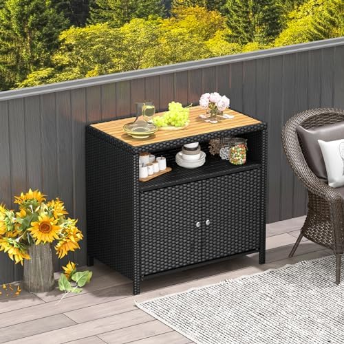 Tangkula Rattan Outdoor Storage Cabinet, Patiojoy Outdoor Cabinet with Acacia Wood Countertop, Open Compartment, 2-Door Wicker Sideboard, Outdoor Bar for Patio Garden Backyard Poolside (Black) - Image 2
