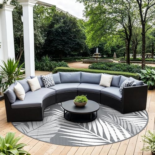 GENIMO Outdoor Rug, Waterproof Plastic Rugs for Patio, 10' Round Grey White - Image 3