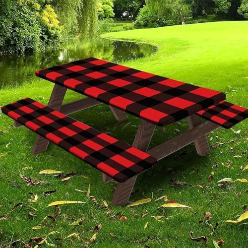 CAPSCEOLL Fitted Picnic Table Cover with Bench Covers 5ft - Black Red - Image 5