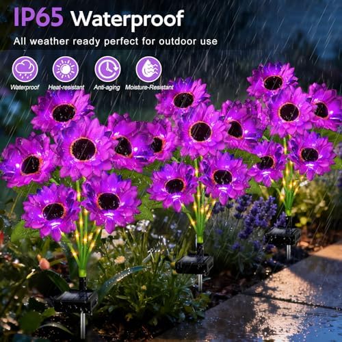 Solar Sunflower Lights Outdoor Garden Decor, 6 Pack Solar Purple Flowers Lights with 36 Sunflowers, Waterproof Fall Decor Stake Decorative Light Auto ON/Off for Garden Yard Patio, Gift for Women - Image 4