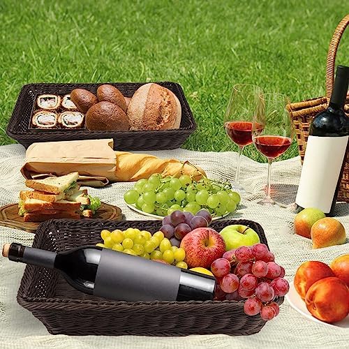 GNIEMCKIN 3 PCS 16 Inch Wicker Bread Basket, Woven Serving Basket, Rectangular Fruit Baskets, Tabletop Food Serving Basket for Restaurant, Bakery, Crackers, Fruits, Vegetables and Snacks(Deep Coffee). - Image 7