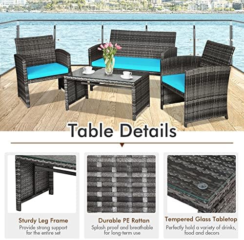 Goplus 4-Piece Rattan Patio Furniture Set, Outdoor Wicker Conversation Sofa with Weather Resistant Cushions and Tempered Glass Tabletop for Lawn Backyard Pool Garden (Turquoise) - Image 3