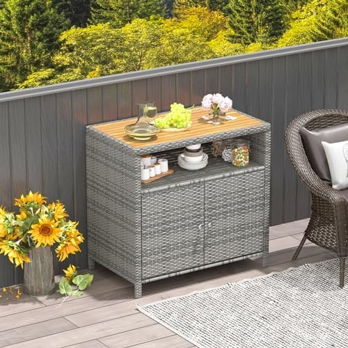 Tangkula Rattan Outdoor Storage Cabinet, Patiojoy Outdoor Cabinet with Acacia Wood Countertop, Open Compartment, 2-Door Wicker Sideboard, Outdoor Bar for Patio Garden Backyard Poolside (Mix Grey) - Image 2