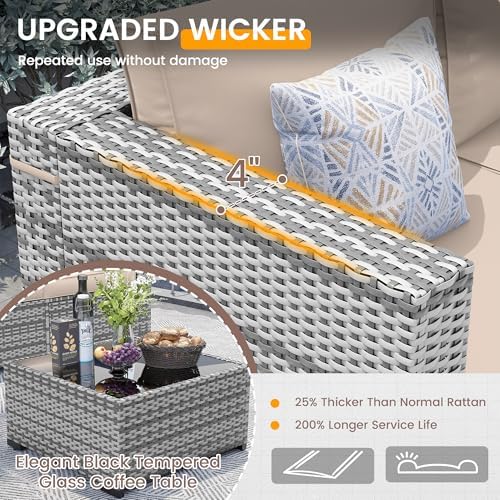 UDPATIO Outdoor Patio Furniture Set 7 Pcs Wicker Sectional Sofa Beige - Image 4