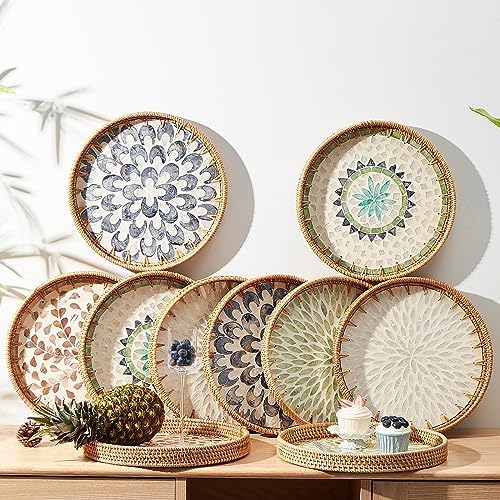 Round Rattan Tray with Mother of Pearl Inlay, Rattan Serving Tray with Wooden Base, Decorative Wicker Basket for Table Decor, Storage and Display of Coffee Bread Food Fruit (Plume) - Image 5