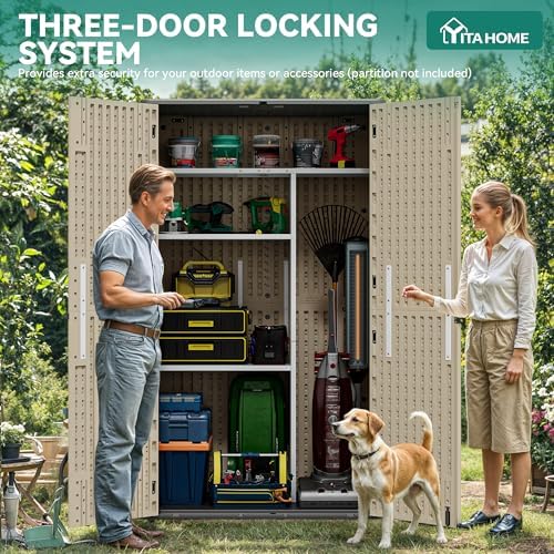 YITAHOME 60 cuft Vertical Outdoor Storage Shed w/o Shelf, Large Waterproof Storage Cabinet for Garden Shed, Tall Outdoor Storage Shed for Garage, Pool Storage, Resin, Lockable, Khaki & Brown - Image 2