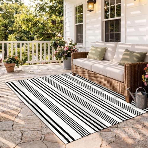 OJIA Outdoor Area Rug 4'x6' Black and White Outdoor Rugs Porch Patio Rug - Image 5