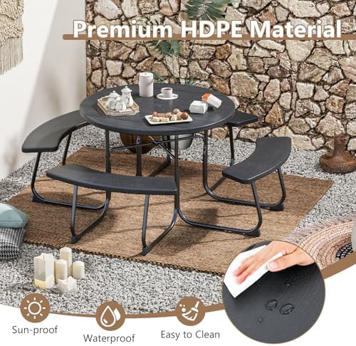COSTWAY Round Outdoor Picnic Table with Bench Set for 4-8 People (Black) - Image 6