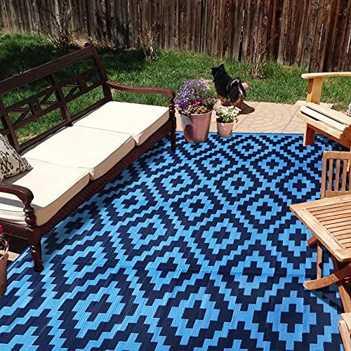 SAND MINE Reversible Mats, Plastic Straw Rug, Modern Area Rug, Large Floor Mat and Rug for Outdoors, RV, Patio, Backyard, Deck, Picnic, Beach, Trailer, Camping, Blue, 9' x 12' by SANDMIND