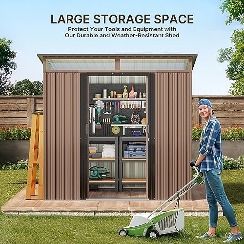 Gizoon 6'x4' Outdoor Storage Shed Metal Garden Shed with Sliding Lockable Doors, Versatile Tool Bike Shed with Transparent Panel Windows, Outdoor Storage Clearance for Backyard, Patio, Light Brown - Image 4