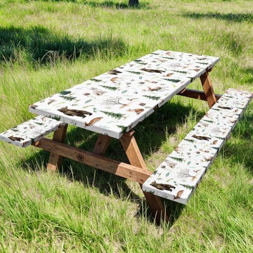 Picnic Table Cover with Bench Covers, Camping Essentials, Funny Rustic Woodland Animals Dear Beer Fox Table Cover Waterproof Fitted Tablecloth Cover with Elastic Edge for Outdoor 3 PCS 30x96 Inch - Image 2