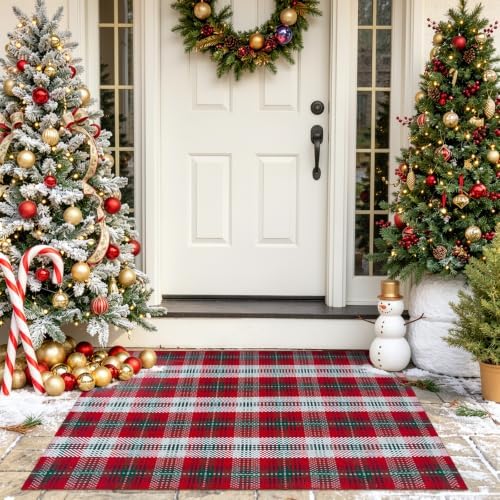 OJIA Christmas Front Door Mat Outdoor 27.5"x43" Red Green Plaid Porch Rug by OJIA