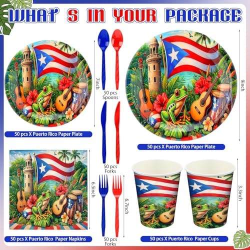 FoldTier 350 Pcs Puerto Rico Party Supplies Disposable Paper Plates Napkins Cups Puerto Rico Theme Birthday Party Decorations Tableware Flag Frog for Holiday Festival Family Friends Serve 50 Guests - Image 3