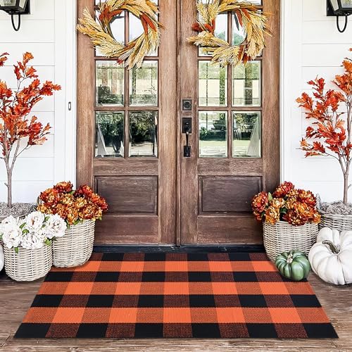 Orange and Black Plaid Rug, 28'' x 43'' Fall Outdoor Front Door Decor Mat, Cotton Washable Hand-Woven Rug for Layered Doormat, Autumn Halloween Thanksgiving Carpet for Porch, Entryway by Homydecor