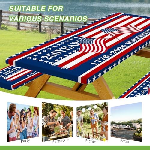 250th Anniversary America Flag Picnic Table Cover with Bench Covers Camping Essentials 250 USA Flag 1776-2026 Waterproof Fitted Camping Tablecloth Cover with Elastic Edge for Outdoor 3 PCS 30x72 Inch - Image 4