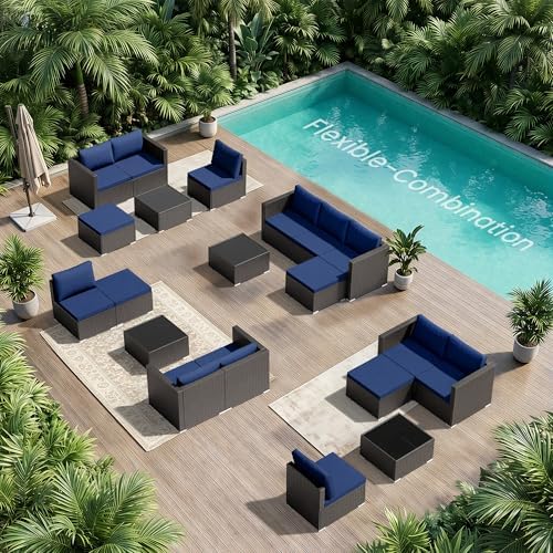 Patio Furniture Set - All-Weather -5 Piece Outdoor Patio Conversation Couch Sets, Modular Wicker Rattan Sectional Sofa for Garden, Patio, Poolside, Backyard, Balcony, Porch,Navy Blue - Image 5