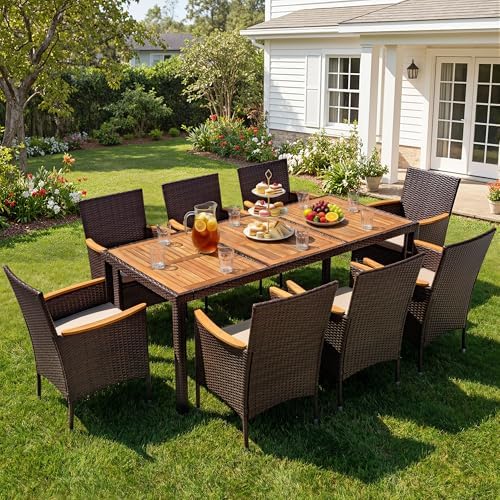 Devoko 9 PCS Acacia Wood Patio Dining Set, Brown Rattan by DEVOKO