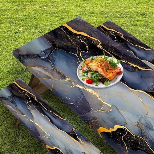 CAPSCEOLL Fitted Picnic Table Cover with Bench Covers 8ft - Elastic Scratch-Resistant Waterproof - Black Blue Marble Camping Tablecloth with Drawstring Bag for RV Essentials Pet Lovers (96in, 3 PCS) - Image 5