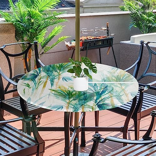 Fitted Round Tablecloth with Umbrella Hole and Zipper Tropical Trees Outdoor Elastic Table Cloth 45"-56" Oil-Proof Waterproof Abstract Tree Patio Table Cover for Picnic Party by GzLeyigouHomeKitchen