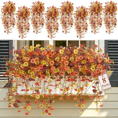 8Pcs Artificial Fall Flowers for Outdoor, Fake Mums UV Resistant Decoration by Alupssuc