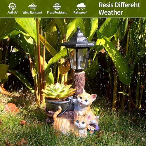 Solar Cat Outdoor Statues, Garden Sculptures with Flowerpot & Lantern - Image 6