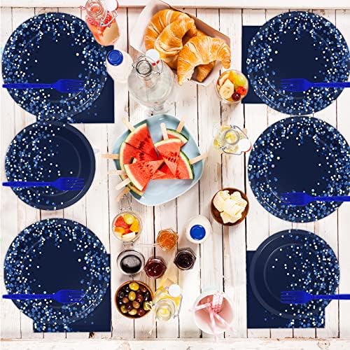 96 Pcs Blue and Silver Party Supplies Dot Confetti Paper Plates Sparkly Glitter Theme Party Decoration Confetti Party Tableware Set Bridal Shower Birthday Party Paper Plate Napkin Fork 24 Guests - Image 5