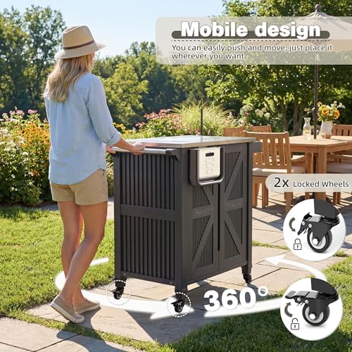 Outdoor Grill Cart with Stainless Steel Top, Outdoor Kitchen Island BBQ Prep Table, Storage Cabinet, Mobile Grill Cart with Folding Hanging Trash Bin, Wheels, Side Shelf for Patio, Garden, Picnic - Image 7