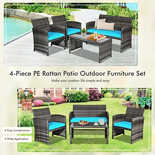 Goplus 4-Piece Rattan Patio Furniture Set, Outdoor Wicker Conversation Sofa with Weather Resistant Cushions and Tempered Glass Tabletop for Lawn Backyard Pool Garden (Turquoise) - Image 5