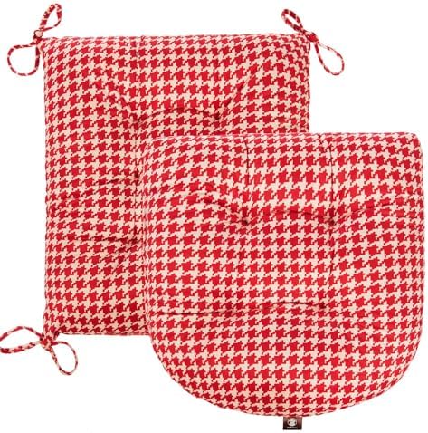 Outdoor Patio Cushion, Rocking Chair Cushion, Tufted Pads, Set of Upper and Lower with Ties Pack of 2 (2 Sets) - Back 20"×17", Seat 17"×17" (Red Houndstooth) - Image 2